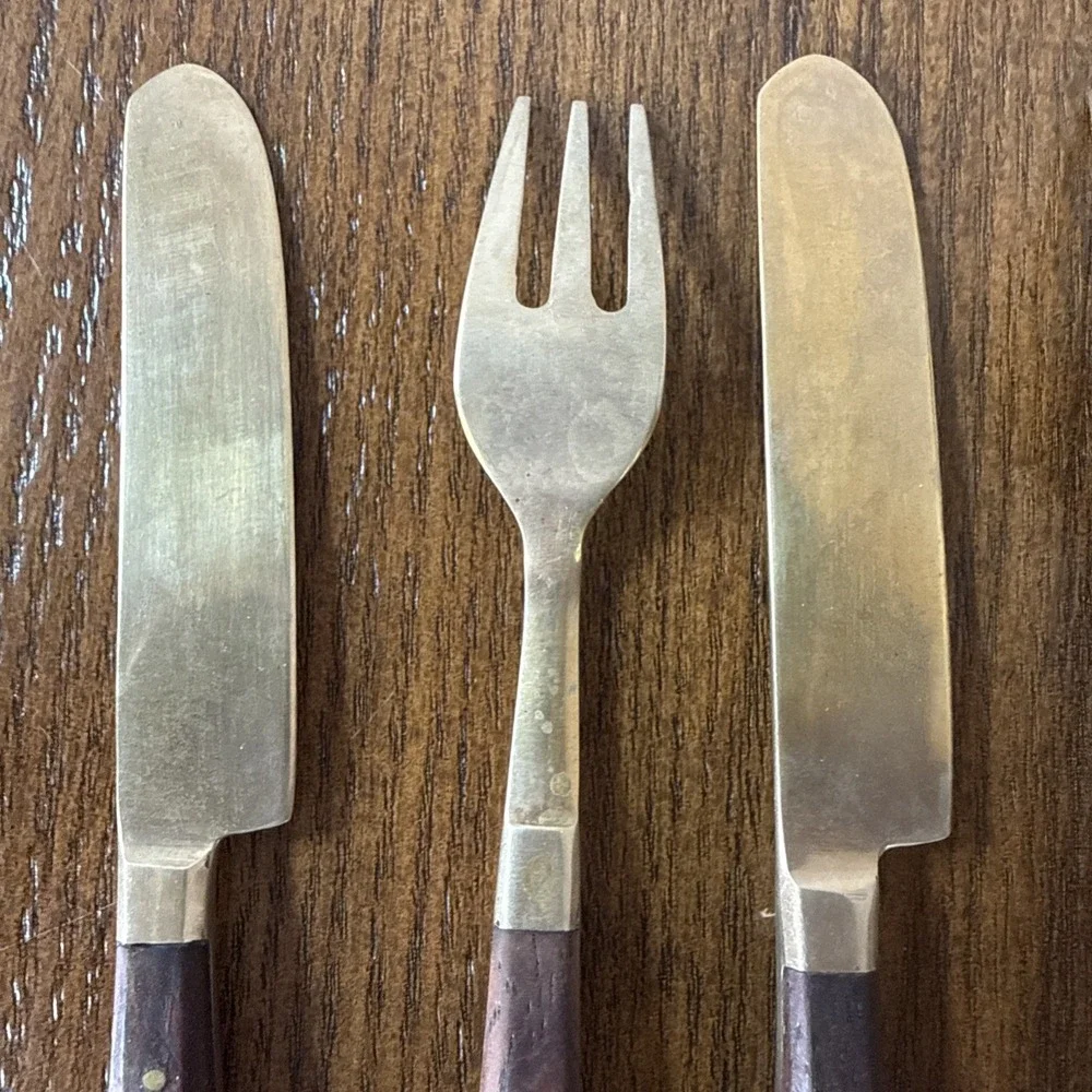 Vintage Wood And Brass Meat & Cheese Fork And Knife Set Charcuterie Board